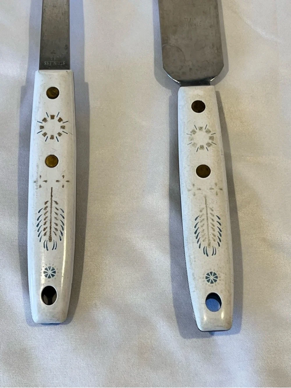 Vintage Stainless Steel Serving Spoon & Spreader Set White Handles USA Mid Centu